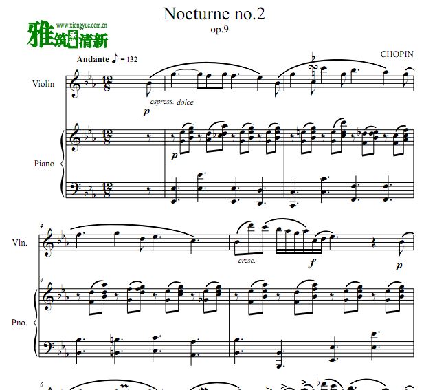 肖邦 降E大调夜曲 Nocturne Op.9 No.2 小提琴钢琴伴奏谱