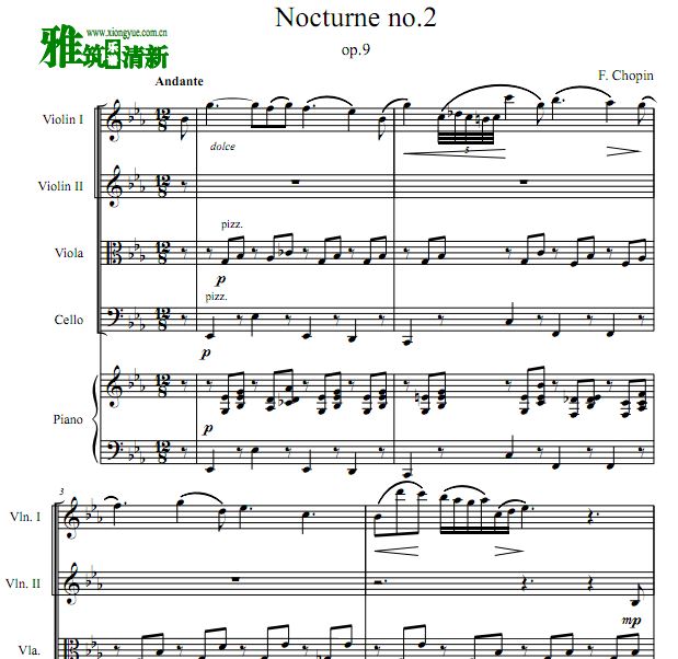 肖邦 降E大调夜曲 ( Op.9 No.2)弦乐四重奏钢琴伴奏谱