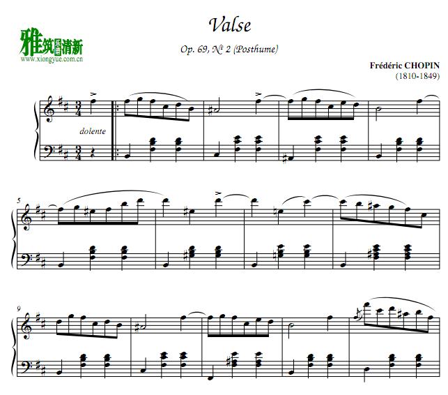 肖邦Waltz No.10 in B Minor, Op.69 No.2钢琴谱
