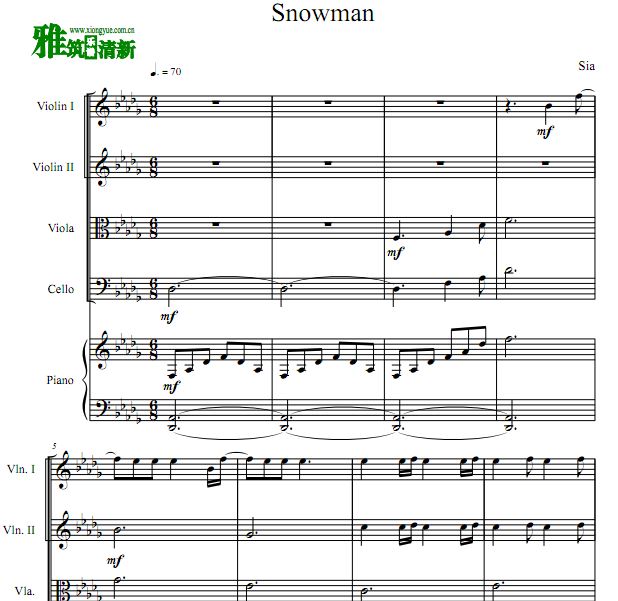 Sia - Snowman双小提琴中提琴大提琴钢琴五重奏谱
