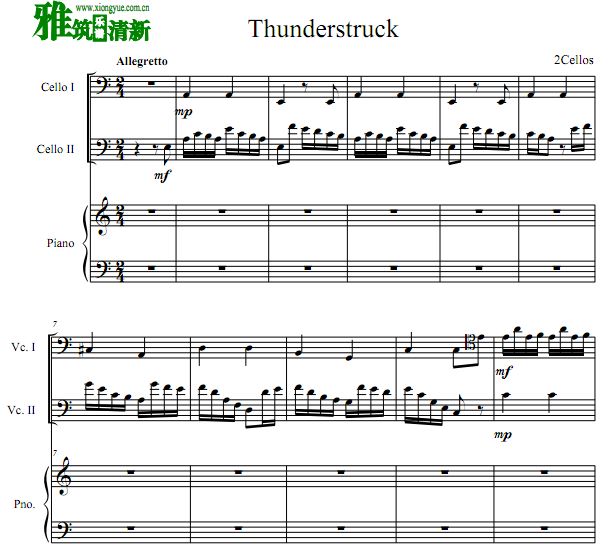 2Cellos版 Thunderstruck大提琴二重奏钢琴伴奏谱