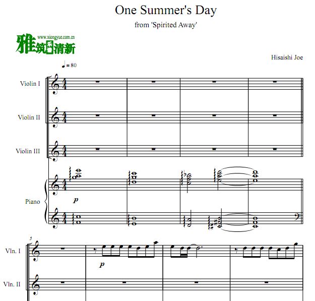 千与千寻 One Summer's Day 那个夏天小提琴钢琴四重奏谱