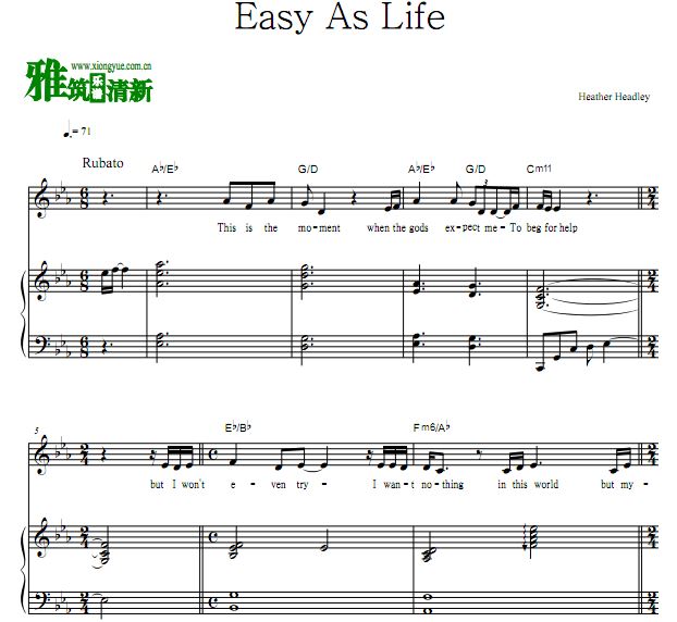 Heather Headley - Easy As Life钢琴伴奏谱 正谱 歌谱