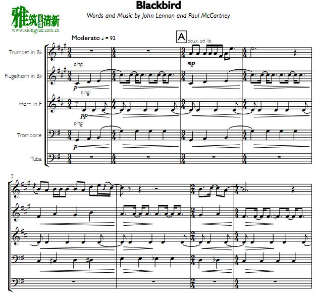 Paul McCartney - Blackbird 铜管五重奏谱