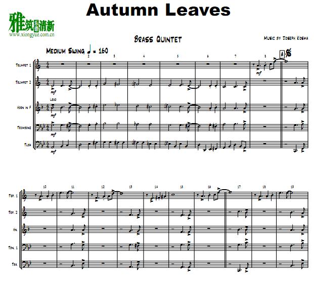  秋叶autumn leaves铜管五重奏谱