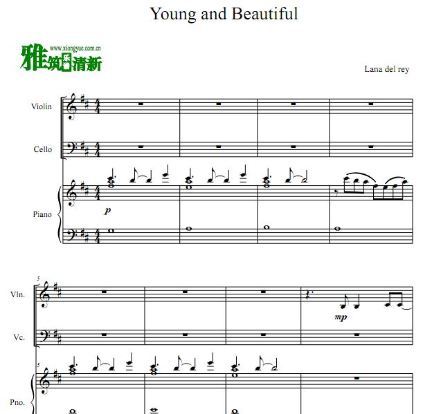 了不起的盖茨比 Young and Beautiful小提琴大提琴二重奏钢琴伴奏谱谱