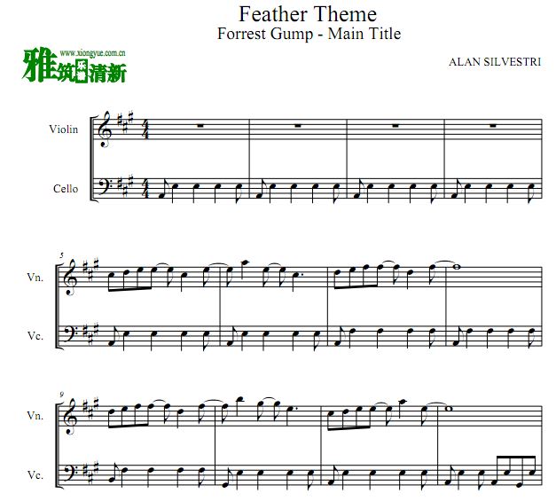 Feather Theme 阿甘正传小提琴大提琴二重奏谱