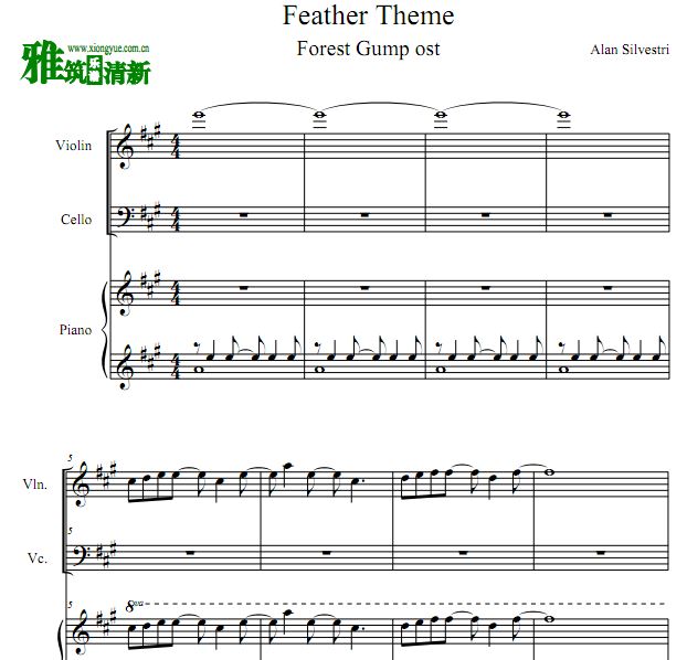 阿甘正传主题曲 Feather Theme小提琴大提琴钢琴合奏谱