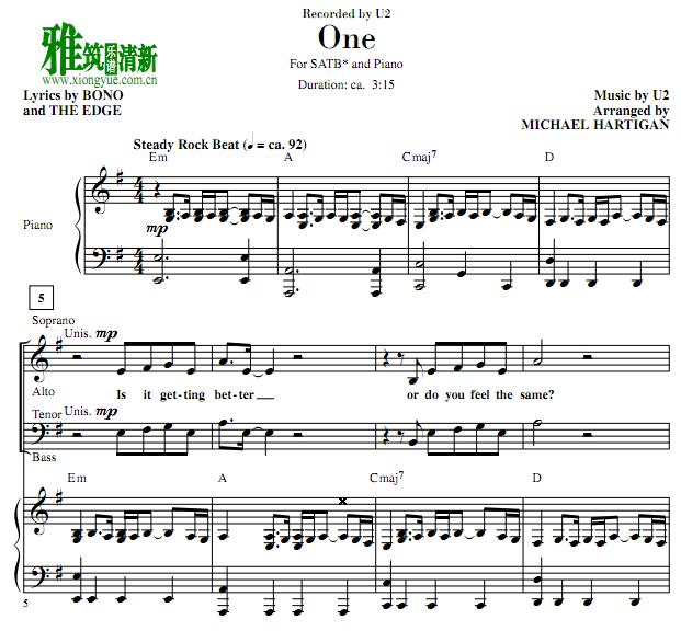 U2 - One四声部合唱钢琴伴奏谱
