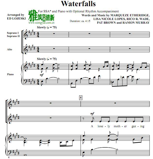Waterfalls 三声部合唱钢琴伴奏谱