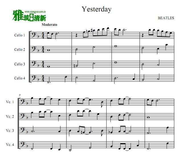 Beatles - Yesterday大提琴四重奏谱