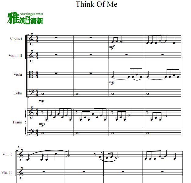 歌剧魅影 THINK OF ME双小提琴中提琴大提琴钢琴合奏谱