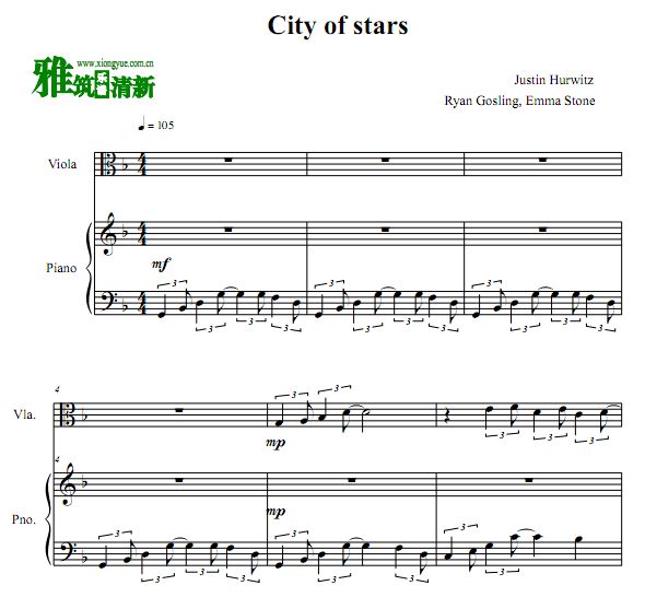 City Of Stars中提琴钢琴二重奏谱