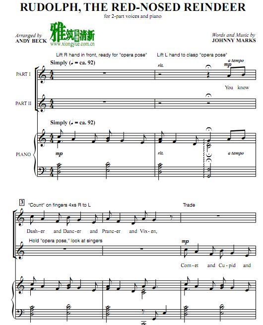 Rudolph The Red Nosed Reindeer红鼻子驯鹿鲁道夫2声部合唱钢琴伴奏谱