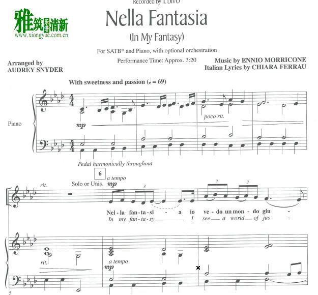 Nella Fantasia四声部合唱钢琴伴奏谱