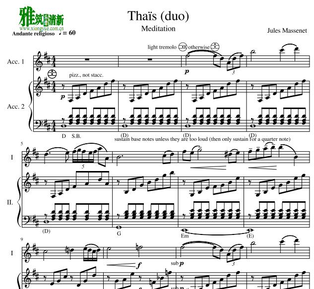 马斯奈Thais Meditation泰伊思冥想曲手风琴二重奏谱