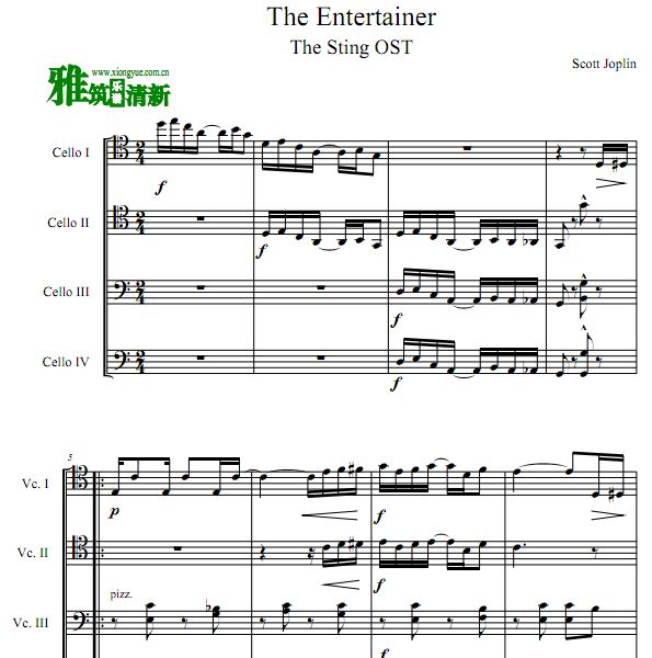乔普林Scott Joplin -The Entertainer  演艺人大提琴四重奏谱