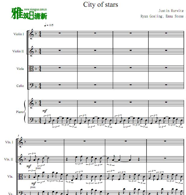 爱乐之城 - City Of Stars弦乐四重奏钢琴伴奏谱