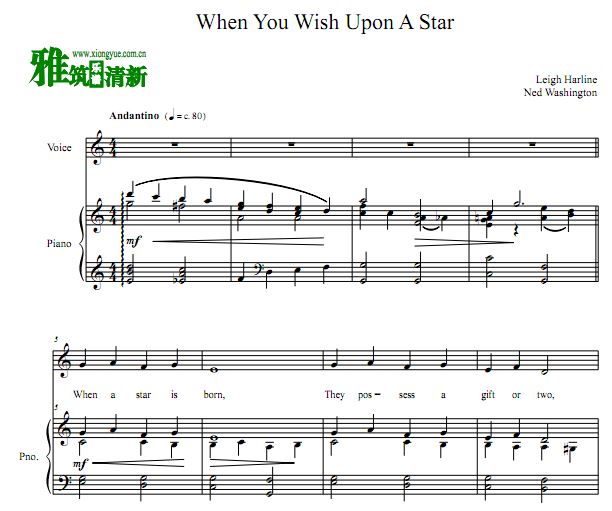 皮诺曹 When You Wish Upon A Star声乐钢琴伴奏谱