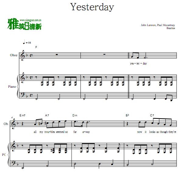 披头士  Yesterday双管管钢琴合奏谱