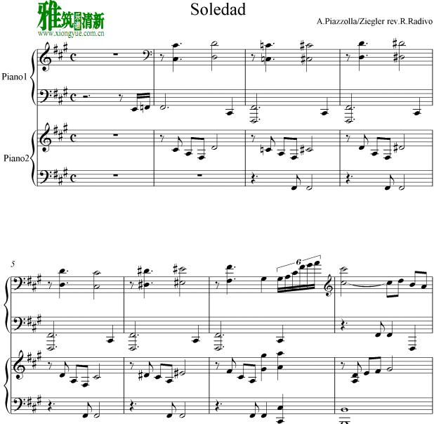Piazzolla 皮亚佐拉 - Soledad 无尽的寂寞双钢琴谱