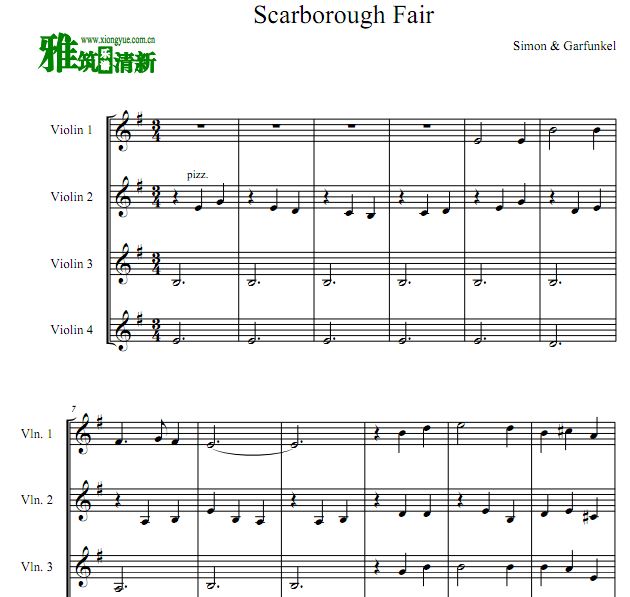 毕业生插曲 斯卡布罗集市 小提琴四重奏谱