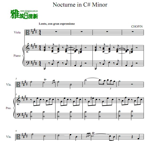 肖邦 Nocturne 升C小调夜曲中提琴钢琴合奏谱