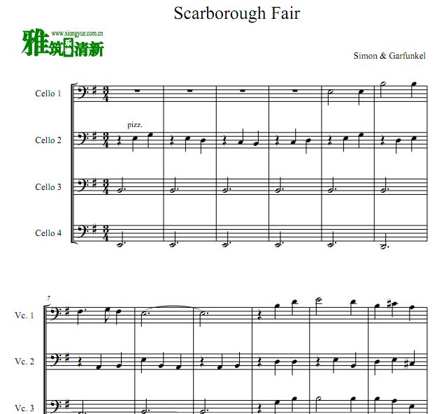 斯卡布罗集市 Scarborough Fair大提琴四重奏谱