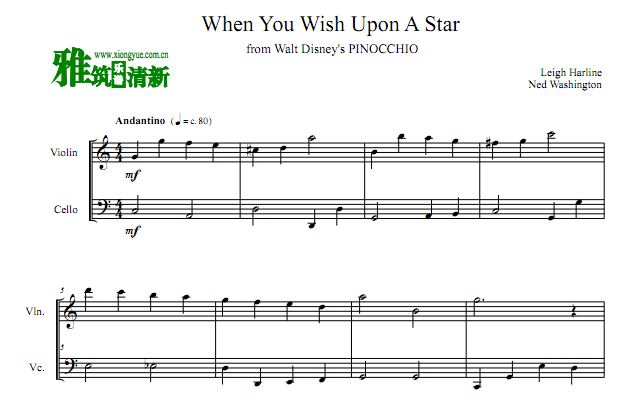 皮诺曹 When You Wish Upon A Star小提琴大提琴谱