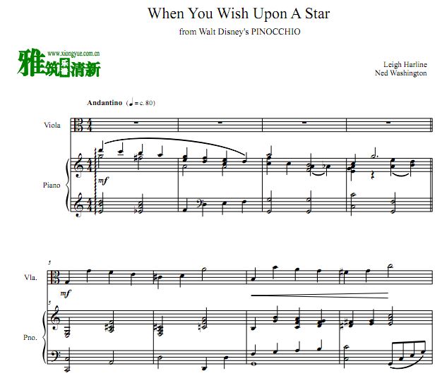 皮诺曹 When You Wish Upon A Star中提琴谱 钢琴伴奏谱