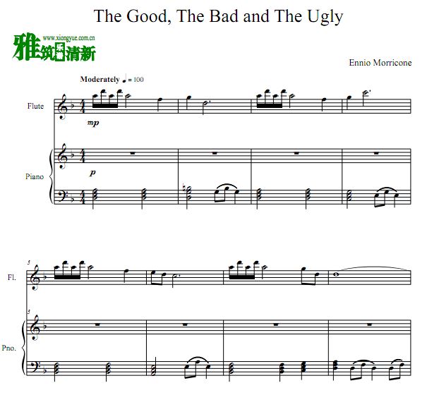 黄金三镖客主题曲 The Good, The Bad And The Ugly 长笛钢琴合奏谱