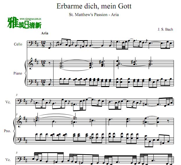 Erbarme Dich, Mein Gott 请怜悯我,我的上帝大提琴钢琴合奏谱