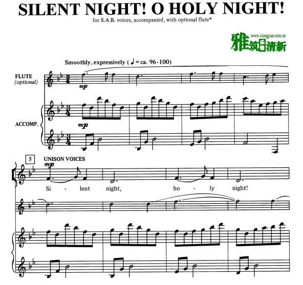 Silent Night! O Holy Night!三声部合唱钢琴伴奏谱