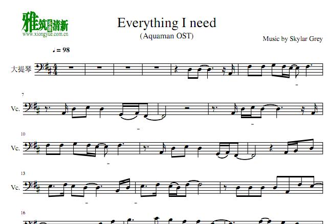 海王 Everything I need 大提琴谱