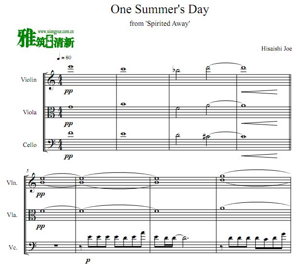 久石让 One Summer's Day 小提琴中提琴大提琴 弦乐三重奏谱