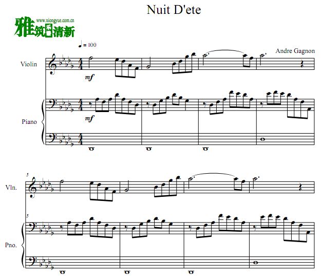 Andre Gagnon － Nuit D'ete小提琴钢琴合奏谱