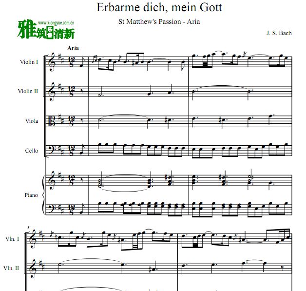Erbarme Dich, Mein Gott弦乐钢琴五重奏谱