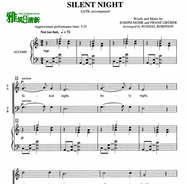 Russell Robinson - Silent Night 四声部合唱钢琴伴奏谱