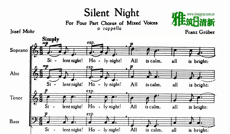 Silent Night 四声部阿卡贝拉谱 SATB 
