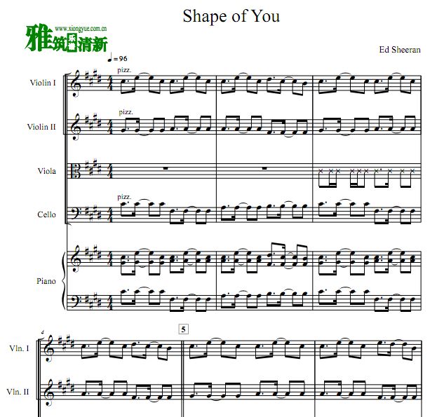 Shape of You弦乐四重奏钢琴伴奏谱