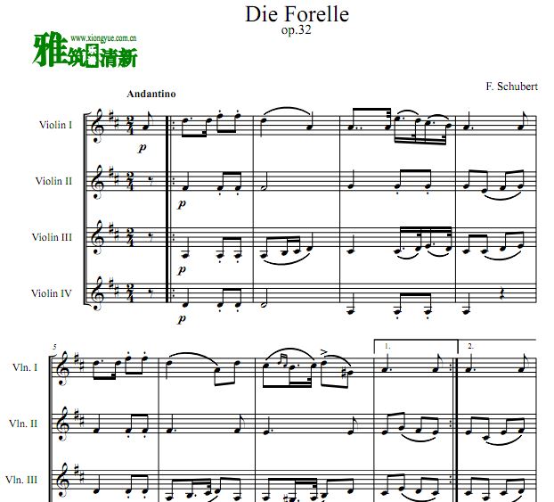 舒伯特 鳟鱼Die Forelle小提琴四重奏谱