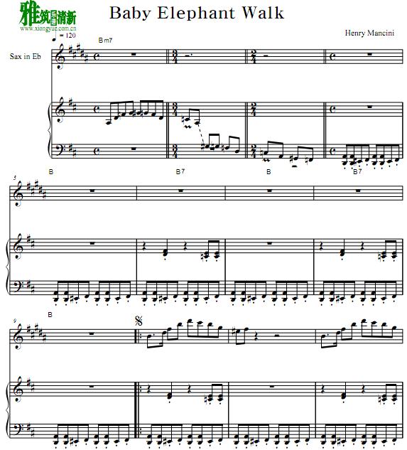 Henry Mancini 小象漫步 Baby Elephant Walk 萨克斯钢琴伴奏谱