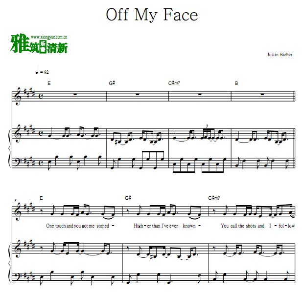 Justin Bieber - Off My Face歌谱 钢琴谱