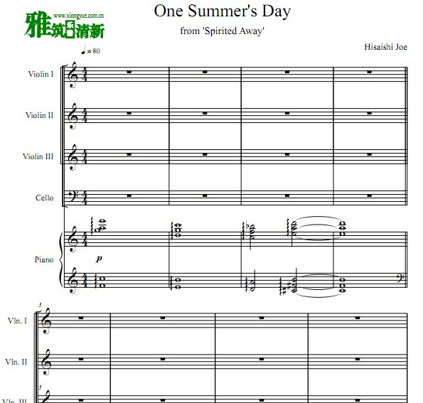 千与千寻 One Summer's Day 那个夏天小提琴大提琴钢琴五重奏谱