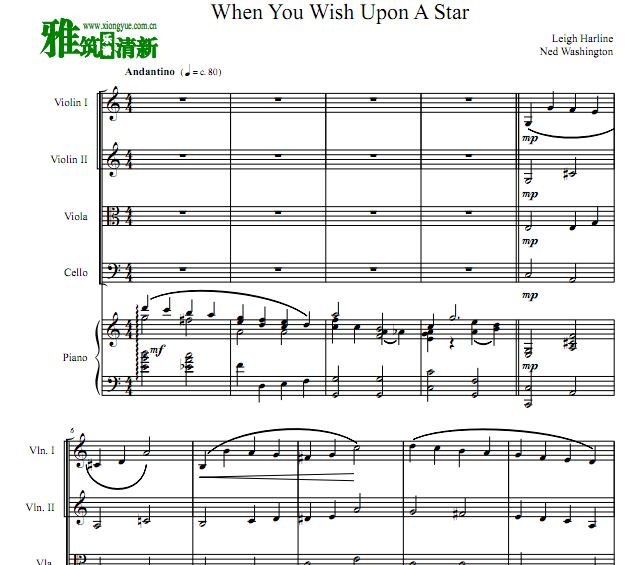 皮诺曹 When You Wish Upon A Star钢琴五重奏谱