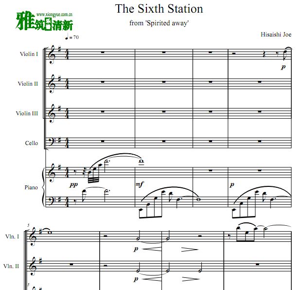 千与千寻 The Sixth Station三小提琴大提琴钢琴五重奏谱