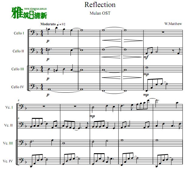 Reflection 花木兰主题曲大提琴四重奏谱