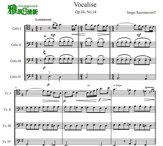 拉赫玛尼诺夫 练声曲大提琴四重奏谱 Vocalise Op.34 No.14