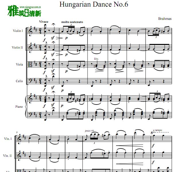 Hungarian Dances No.6 匈牙利舞曲第6号钢琴五重奏谱