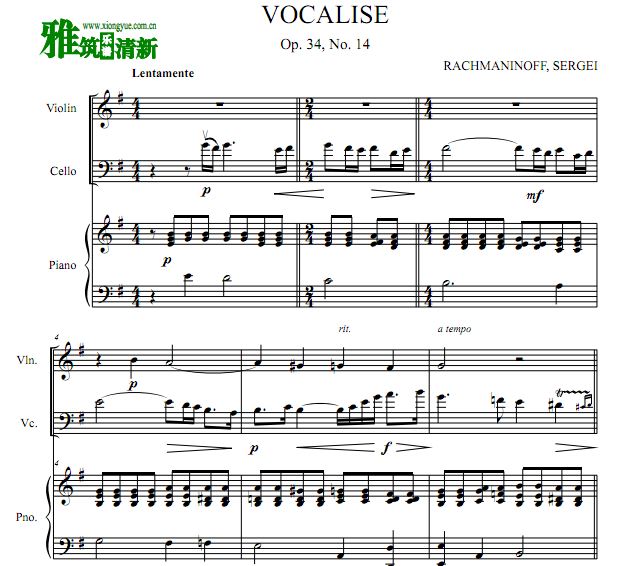拉赫玛尼诺夫 练声曲 Vocalise Op.34 No.14钢琴三重奏谱